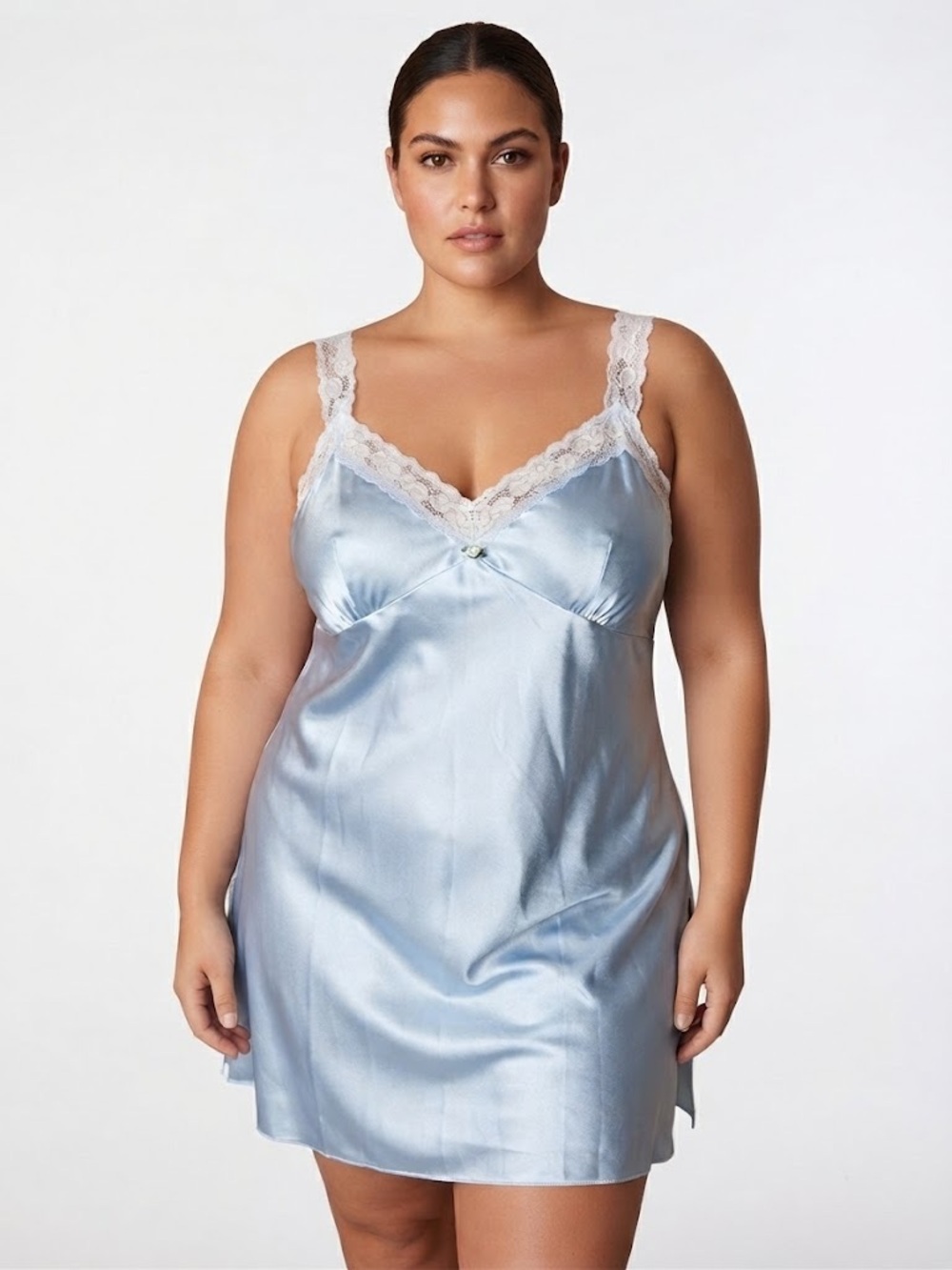 ALFRED SUNG Silky Baby Blue Satin and Lace Babydoll Lingerie Slip Dress - Sz L